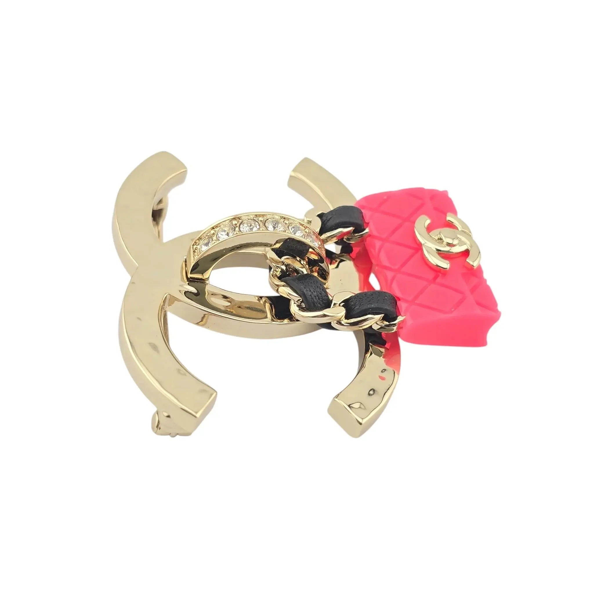 Chanel CC Crystal Resin Flap Bag Brooch Gold Pink 2023 CHANEL