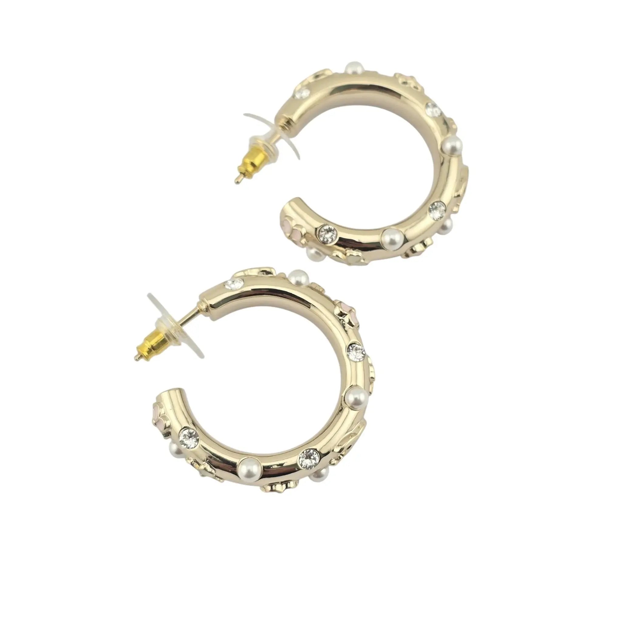 Chanel CC Pearl Clover Camellia Hoop Earrings B22 CHANEL