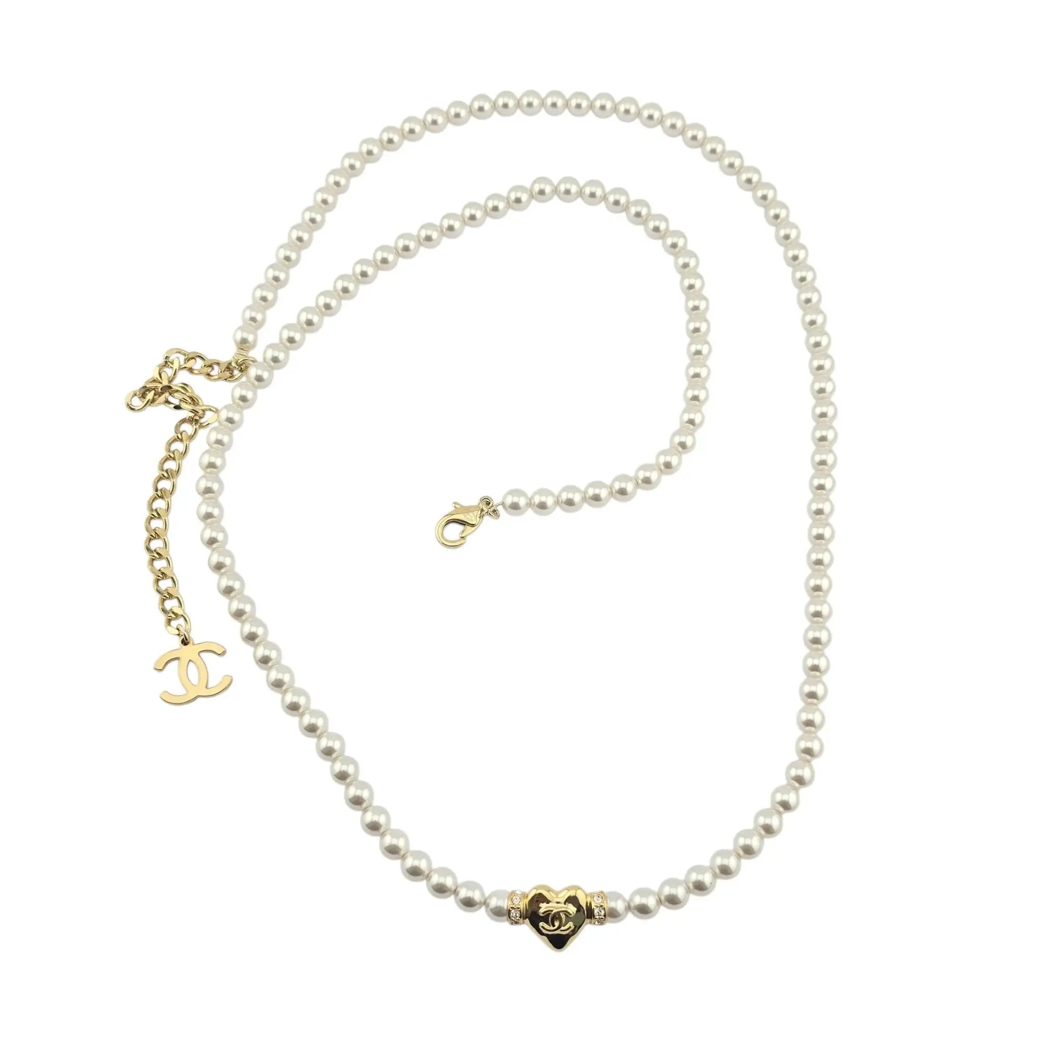 Chanel CC Long Faux Pearl Gold Heart Necklace CHANEL