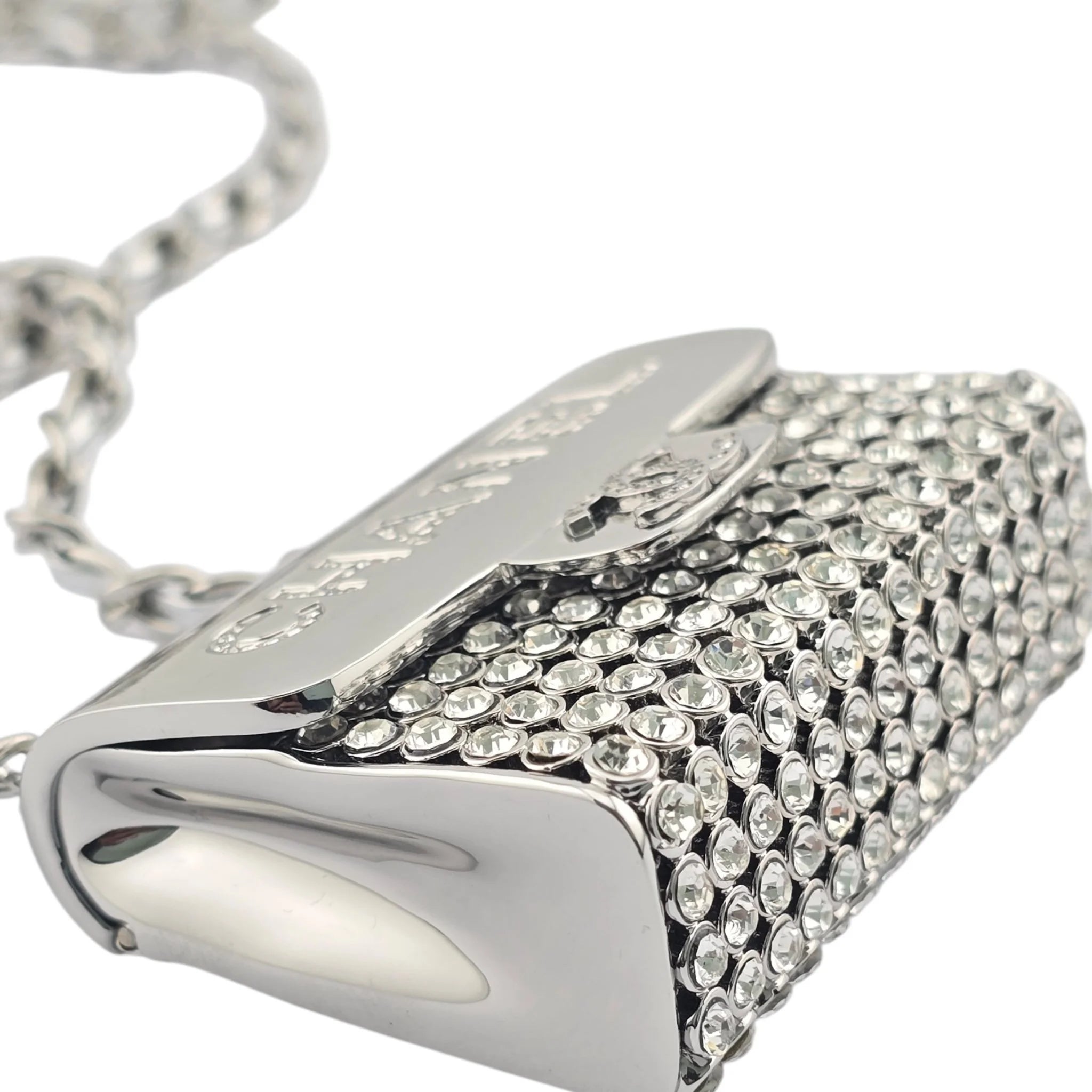 Chanel CC Metal Lambskin Strass Crystal Mini Bag Long Necklace Silver CHANEL