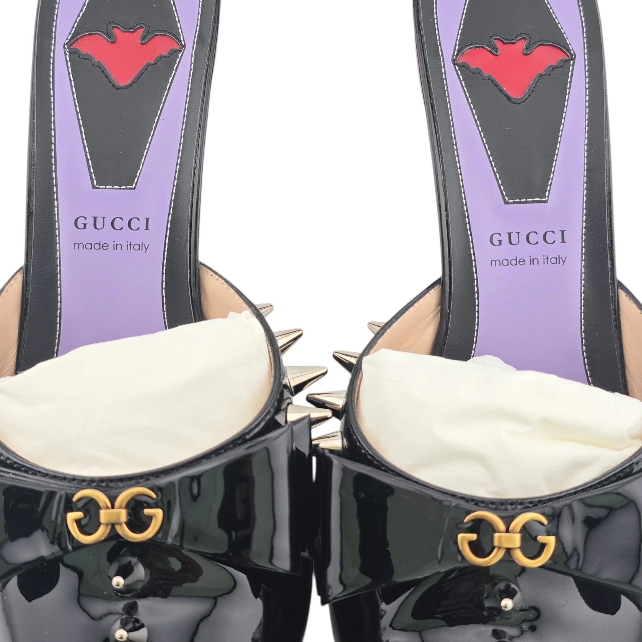 GUCCI Patent GG Bow Sadie Spike Mid Heel Mules 38.5 Black GUCCI