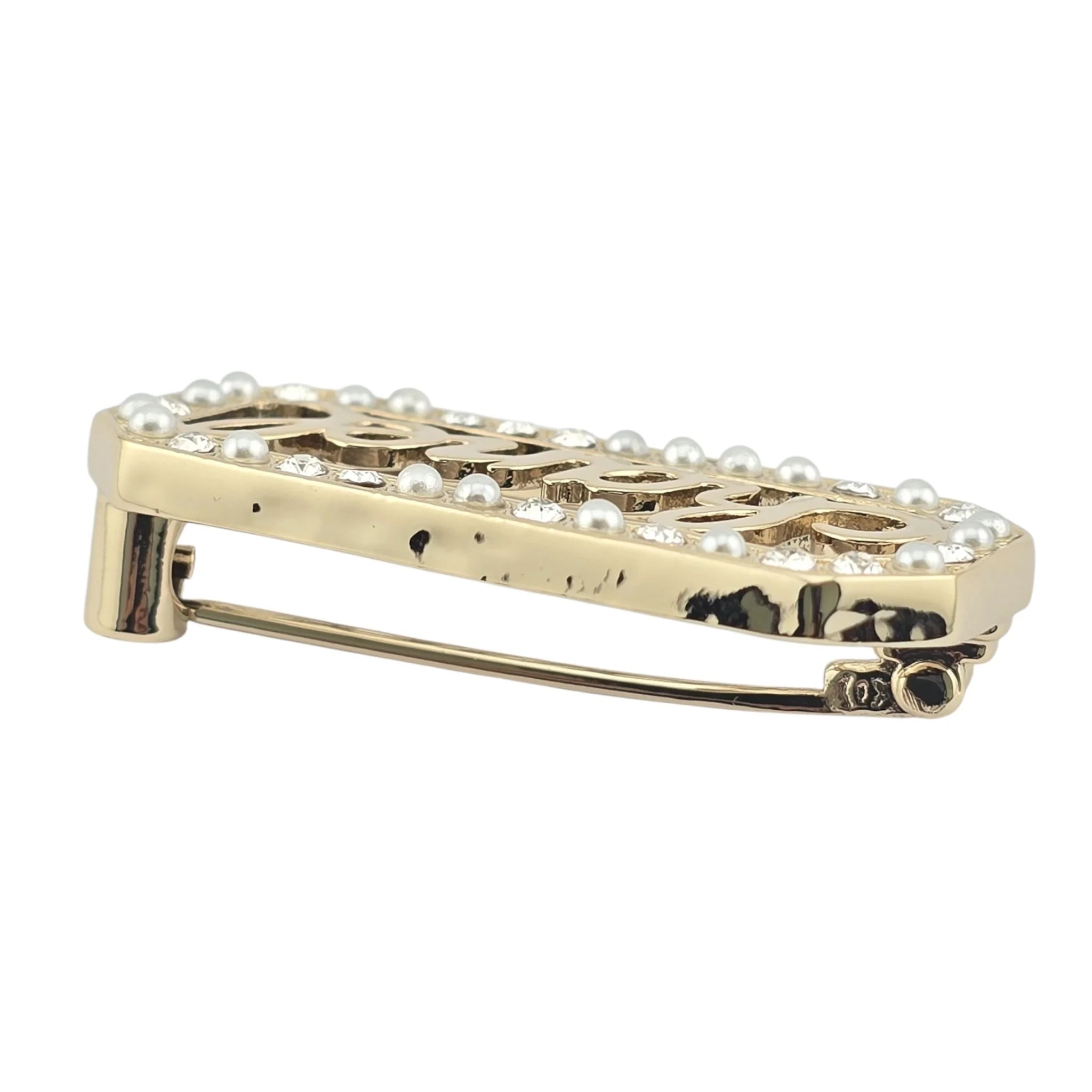 Chanel Logo Crystal Pearl Brooch 2023 CHANEL