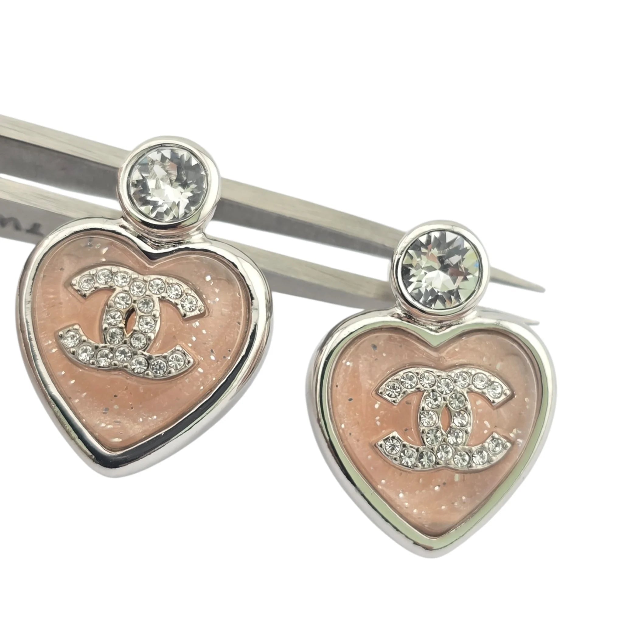 Chanel CC Pink Heart Silver Crystal Metal Earrings B25 CHANEL