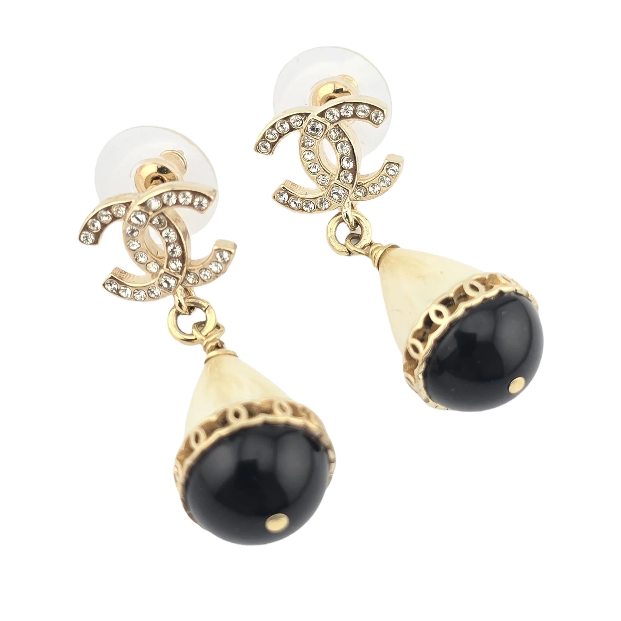 Chanel Crystal Pearl CC Drop Earrings Gold Black CHANEL