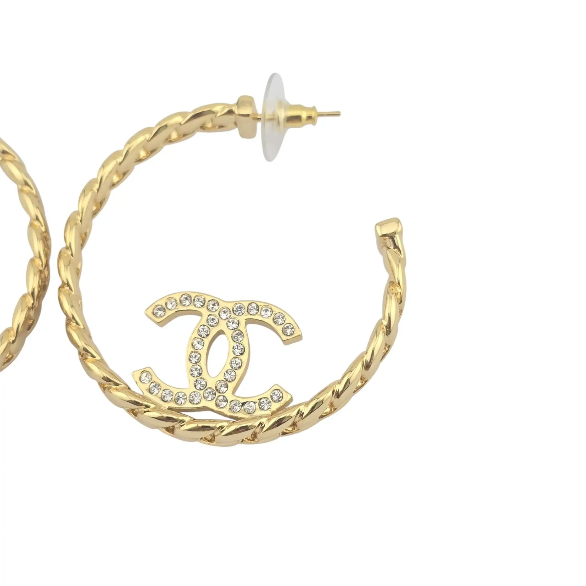Chanel CC Crystal Hoop Earrings Gold CHANEL