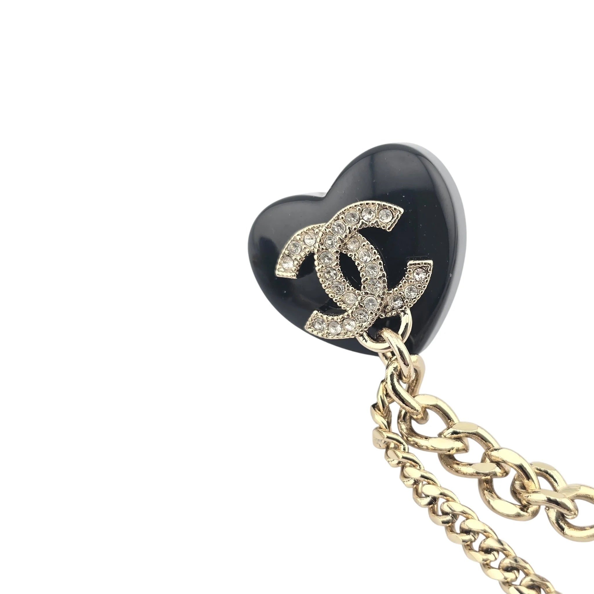 Chanel CC Resin Crystal Heart Chain Cuff Earrings Black Gold CHANEL