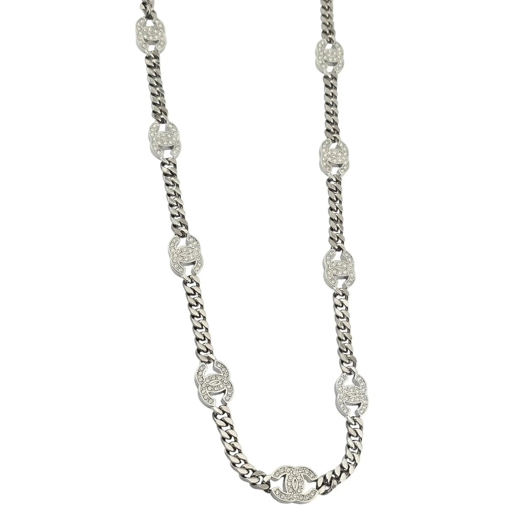 Chanel CC Ruthenium Crystal Chain Silver Long Necklace 2021 CHANEL