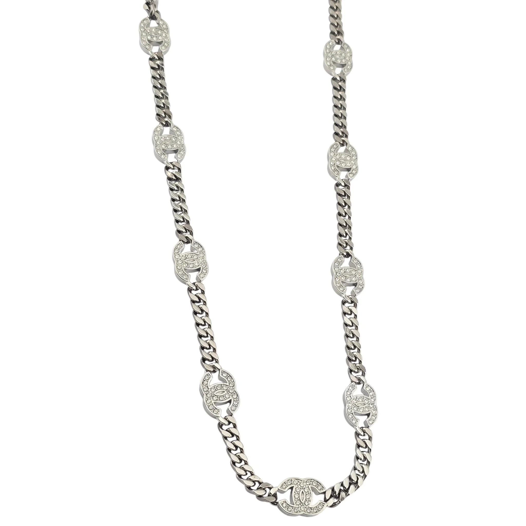 Chanel CC Ruthenium Crystal Chain Silver Long Necklace 2021 CHANEL
