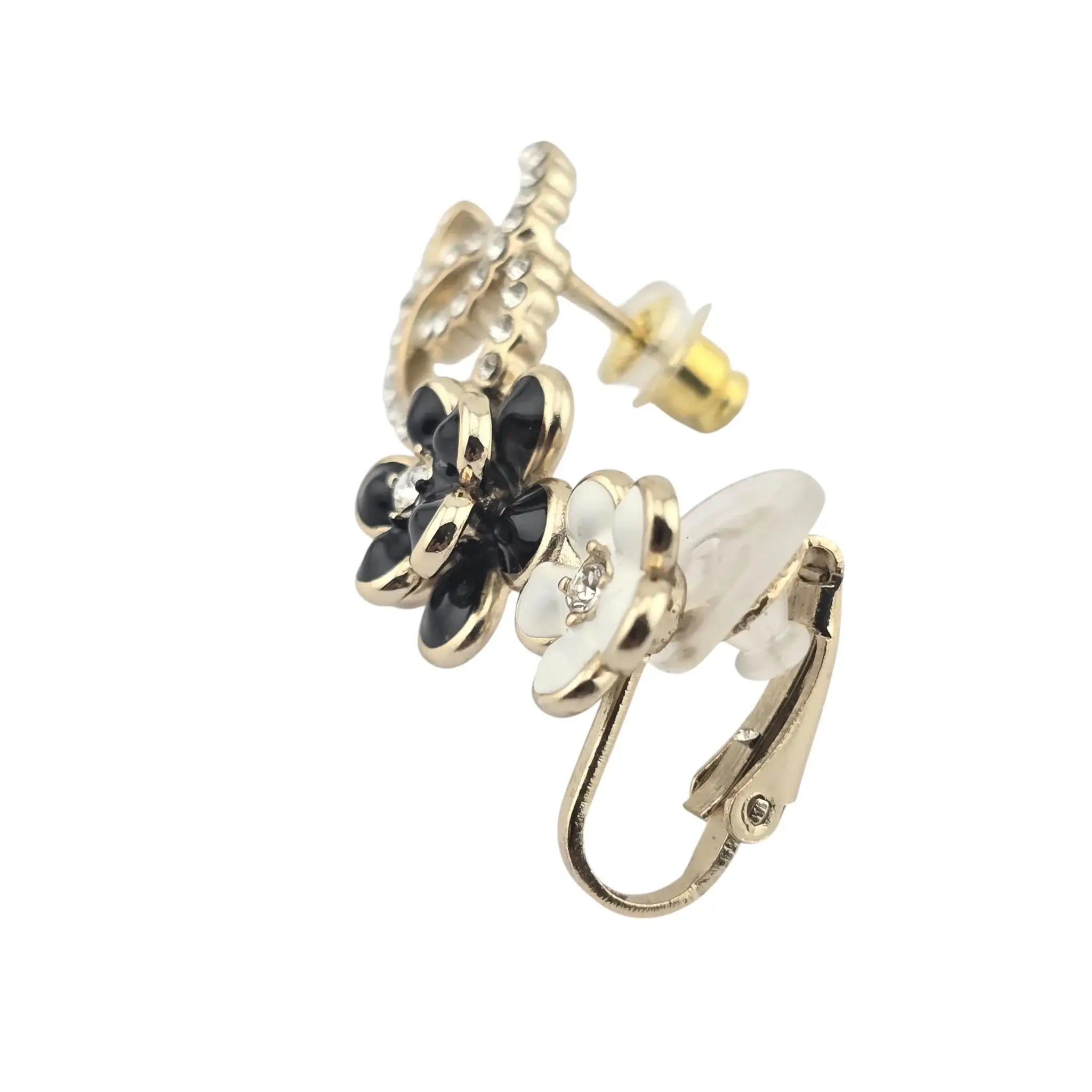Chanel CC Crystal Enamel Camelia Clip On Stud  Earrings Black White CHANEL
