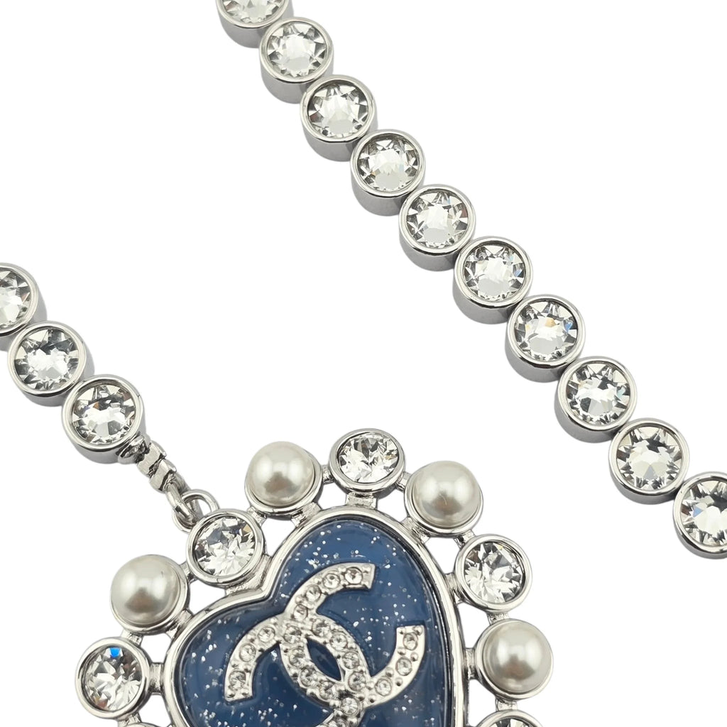Chanel CC Long Faux Pearl Necklace Blue Heart 2025 CHANEL