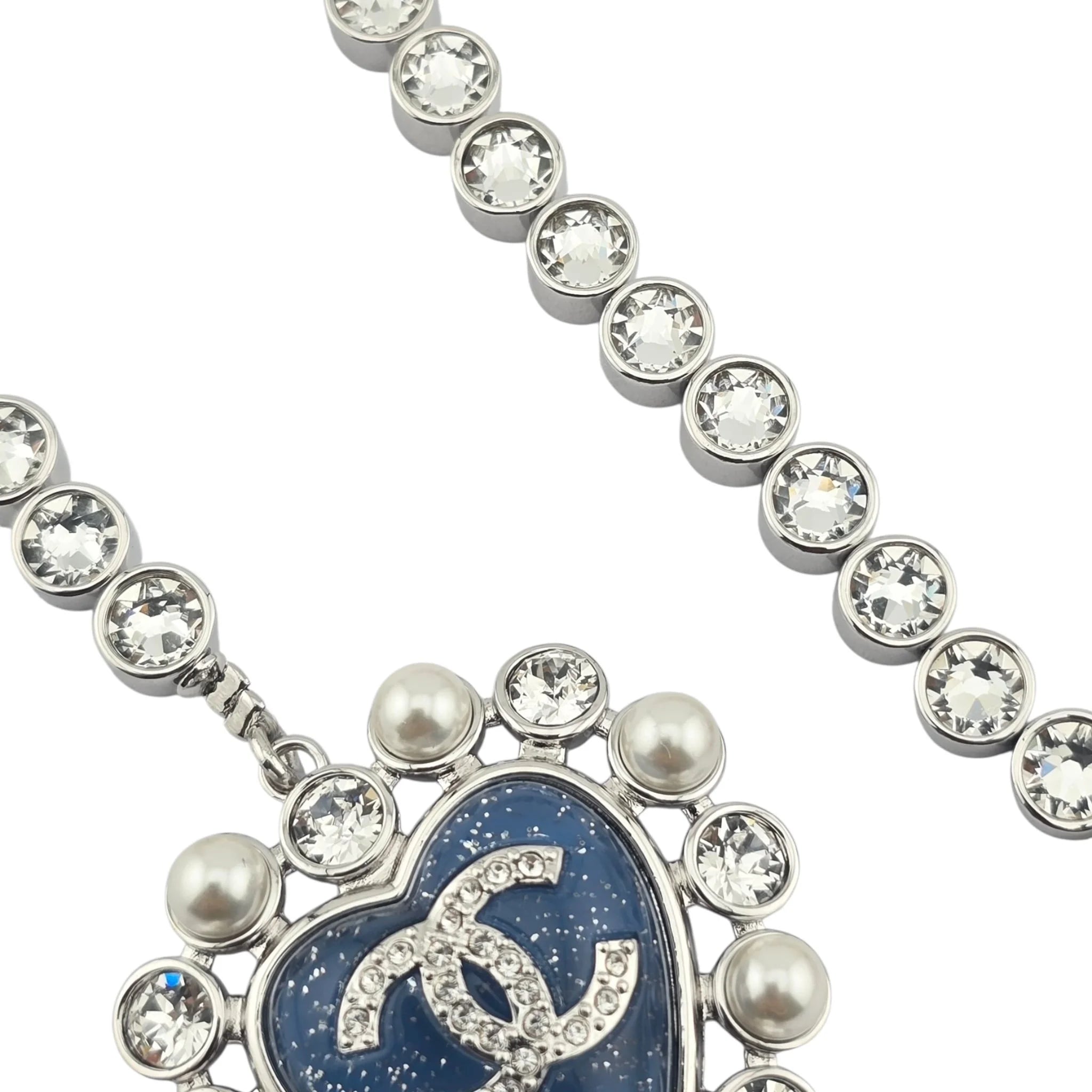 Chanel CC Long Faux Pearl Necklace Blue Heart 2025 CHANEL