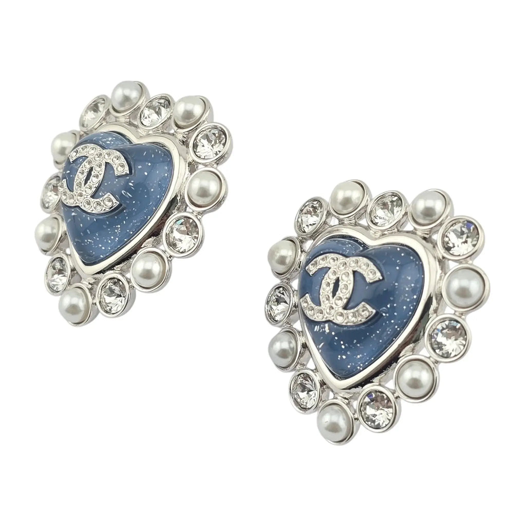 Chanel CC Silver Blue Heart Crystal Faux Pearl Earrings 2025 CHANEL