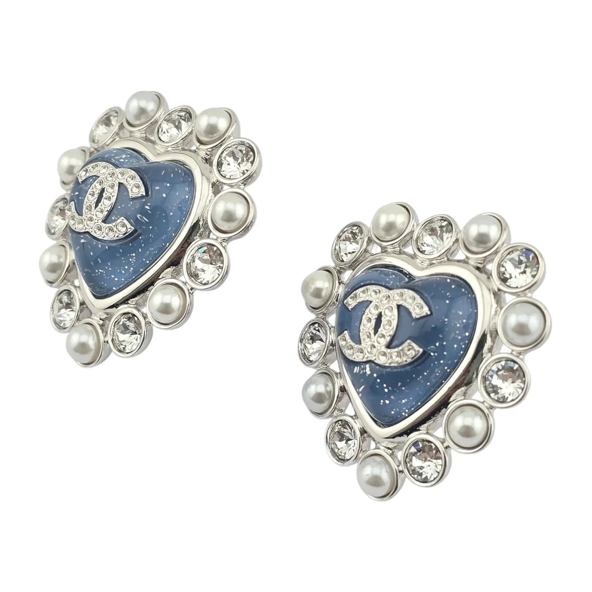 Chanel CC Silver Blue Heart Crystal Faux Pearl Earrings 2025 CHANEL