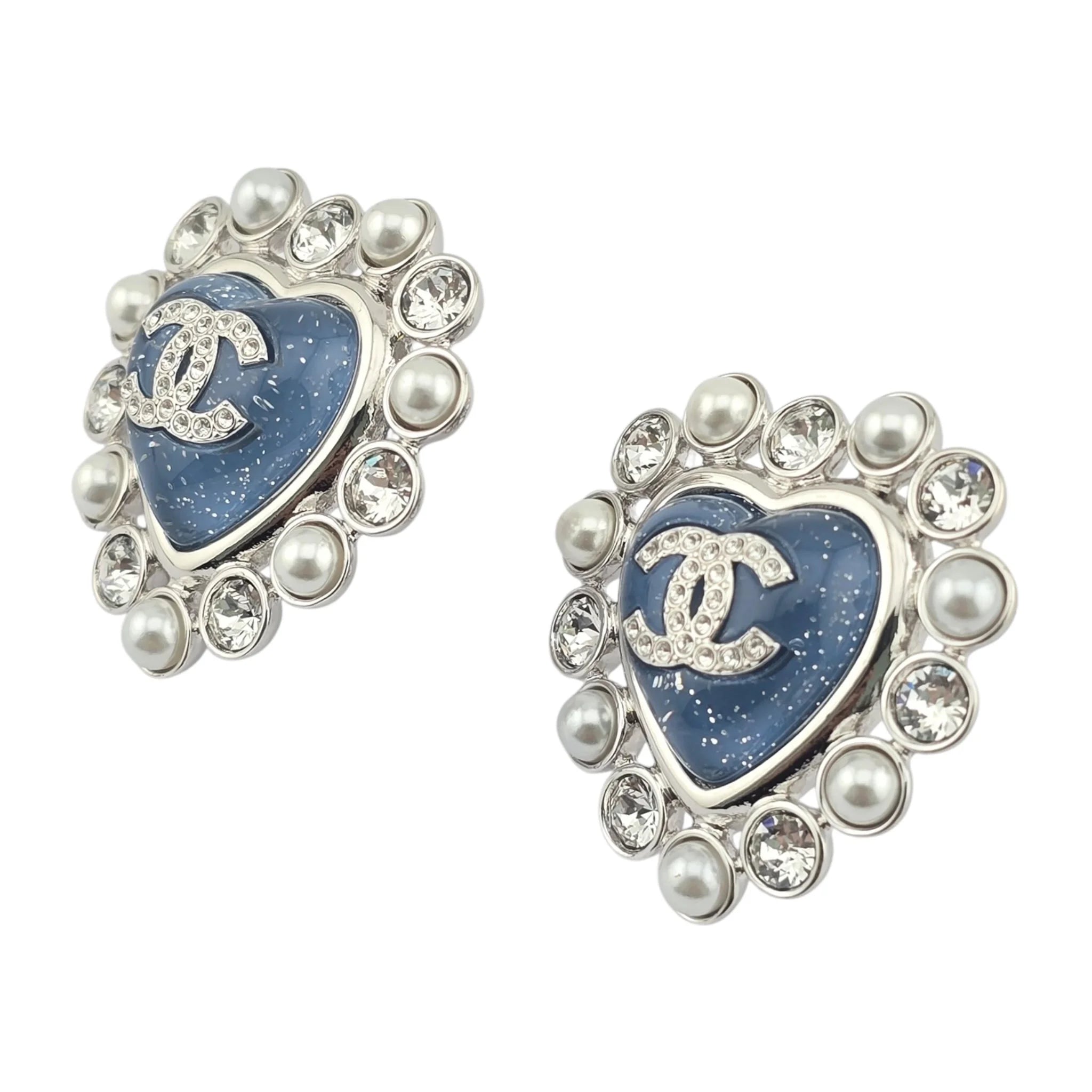 Chanel CC Silver Blue Heart Crystal Faux Pearl Earrings 2025 CHANEL