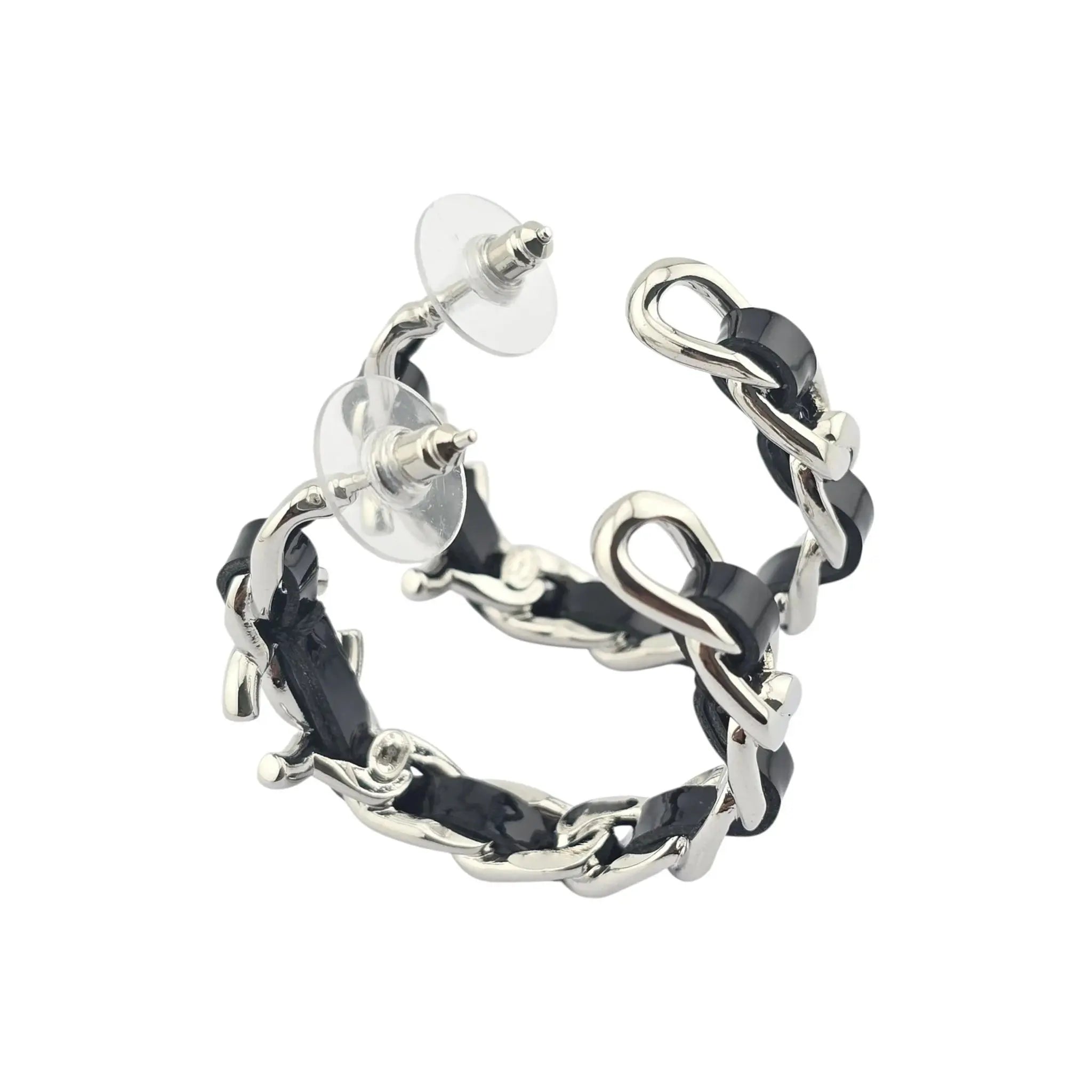 Chanel CC Leather Black Hoop Earrings 2025 CHANEL