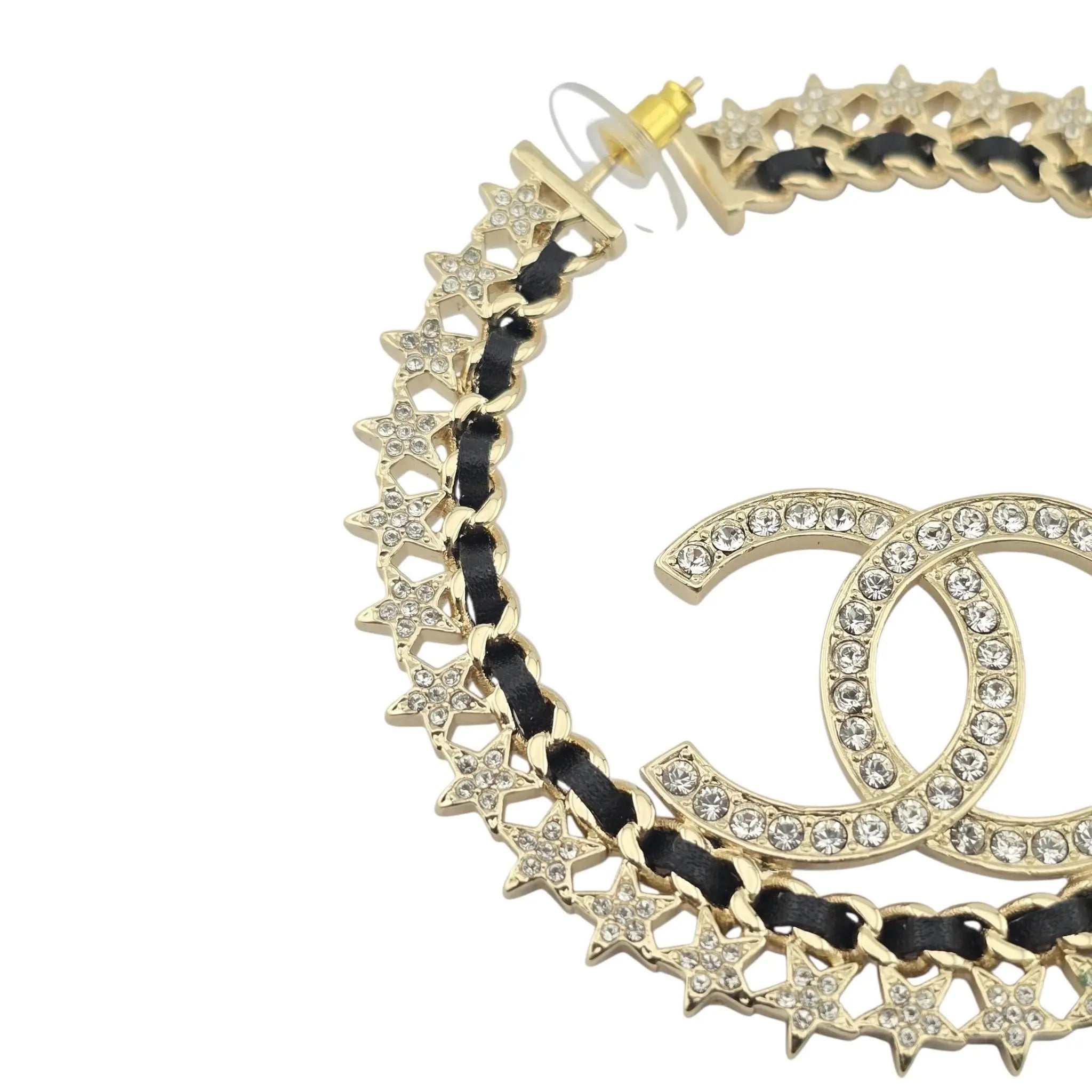 Chanel CC Large Hoop Earrings Crystal/Leather CHANEL