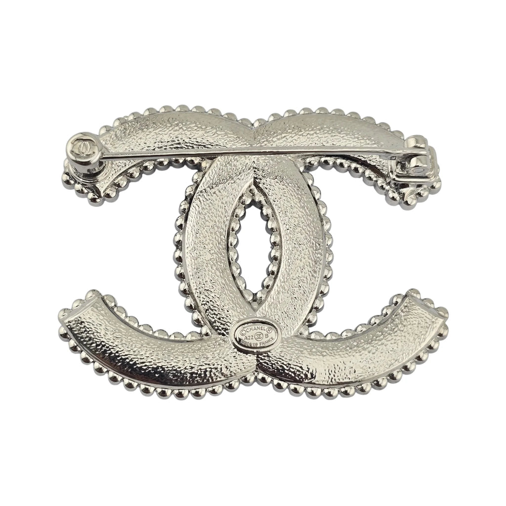Chanel CC Crystal Leather Silver Tone Pin Brooch 2022 CHANEL