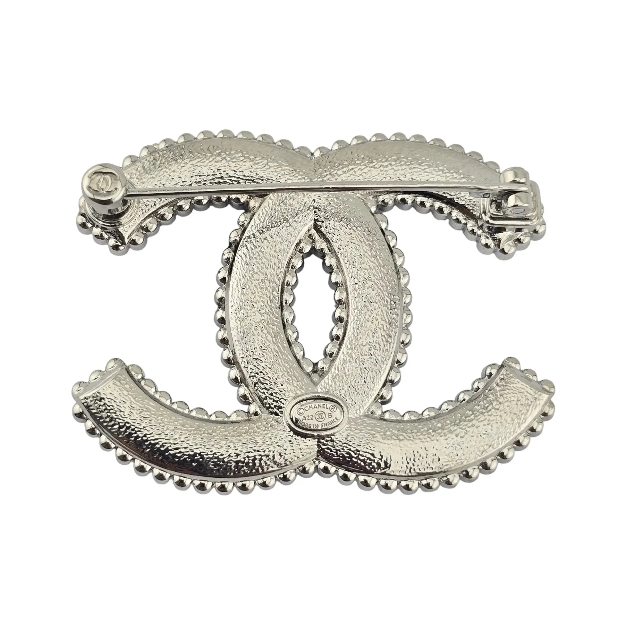 Chanel CC Crystal Leather Silver Tone Pin Brooch 2022 CHANEL