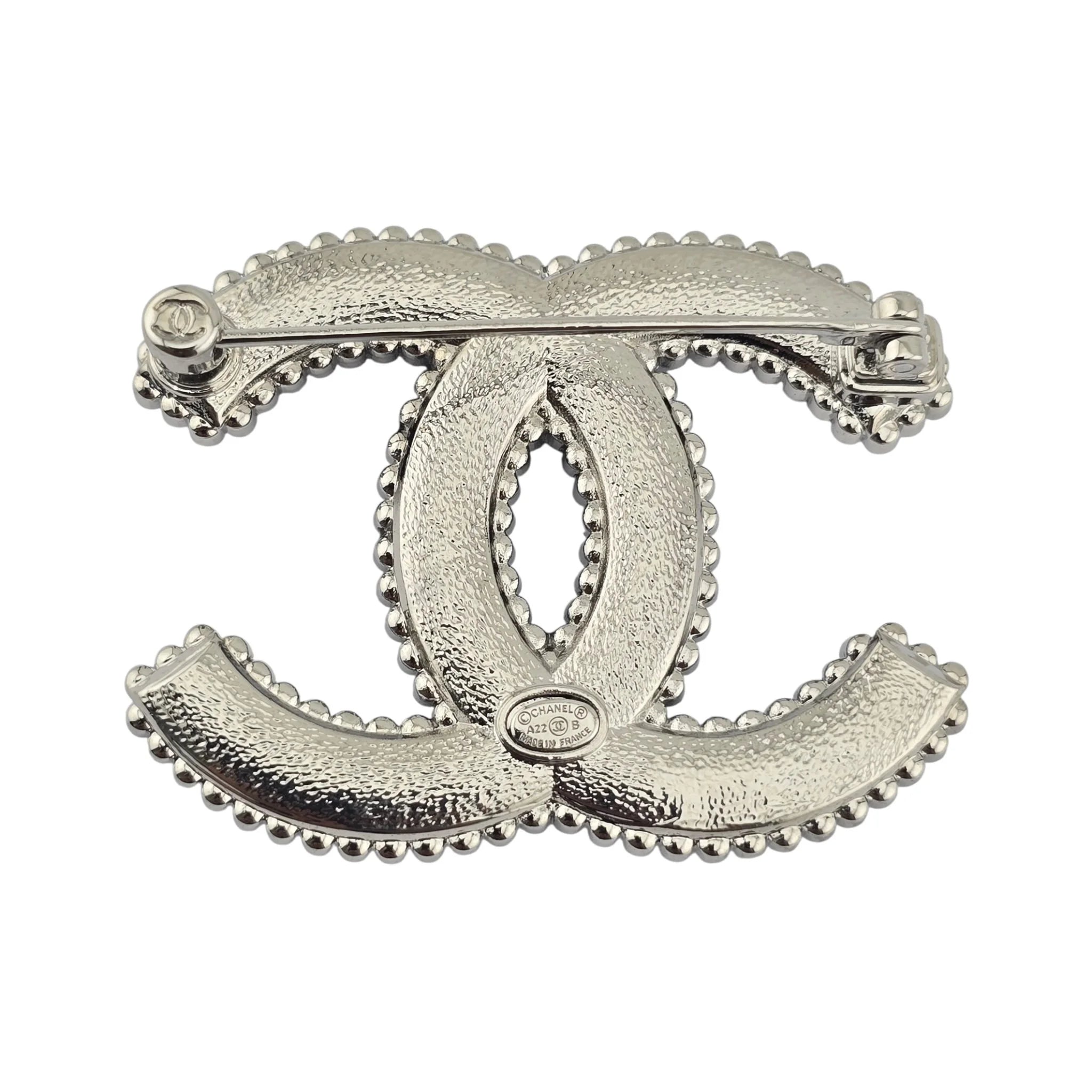 Chanel CC Crystal Leather Silver Tone Pin Brooch 2022 CHANEL