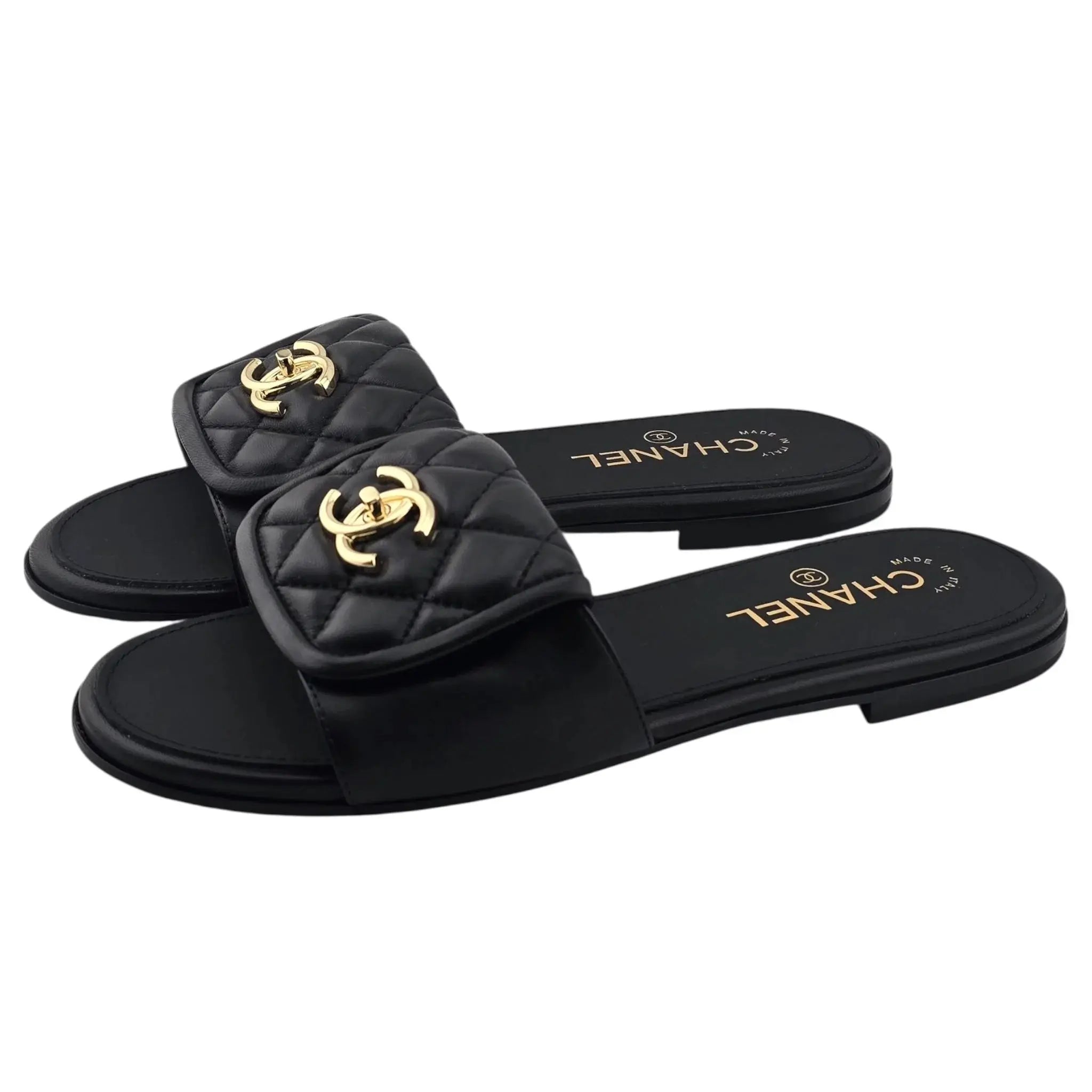 Chanel CC  Lambskin Quilted Turnlock Black Gold Sandals 39 CHANEL