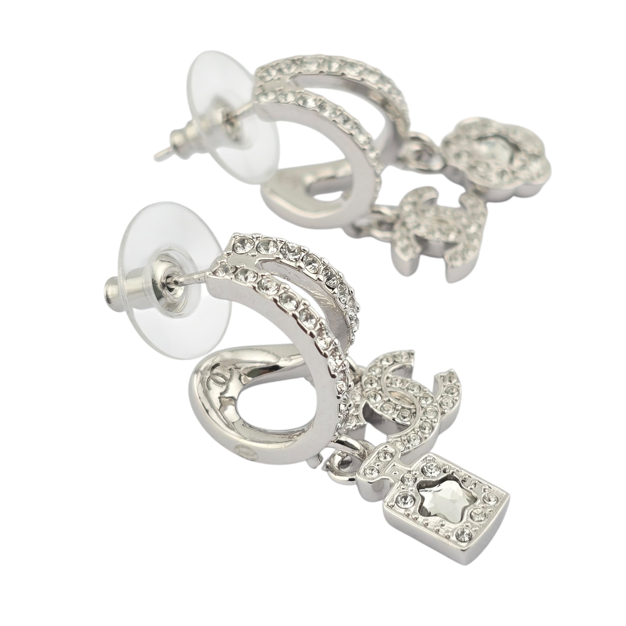 Chanel CC Silver Crystal Hoop Pendant Earrings 2025 CHANEL