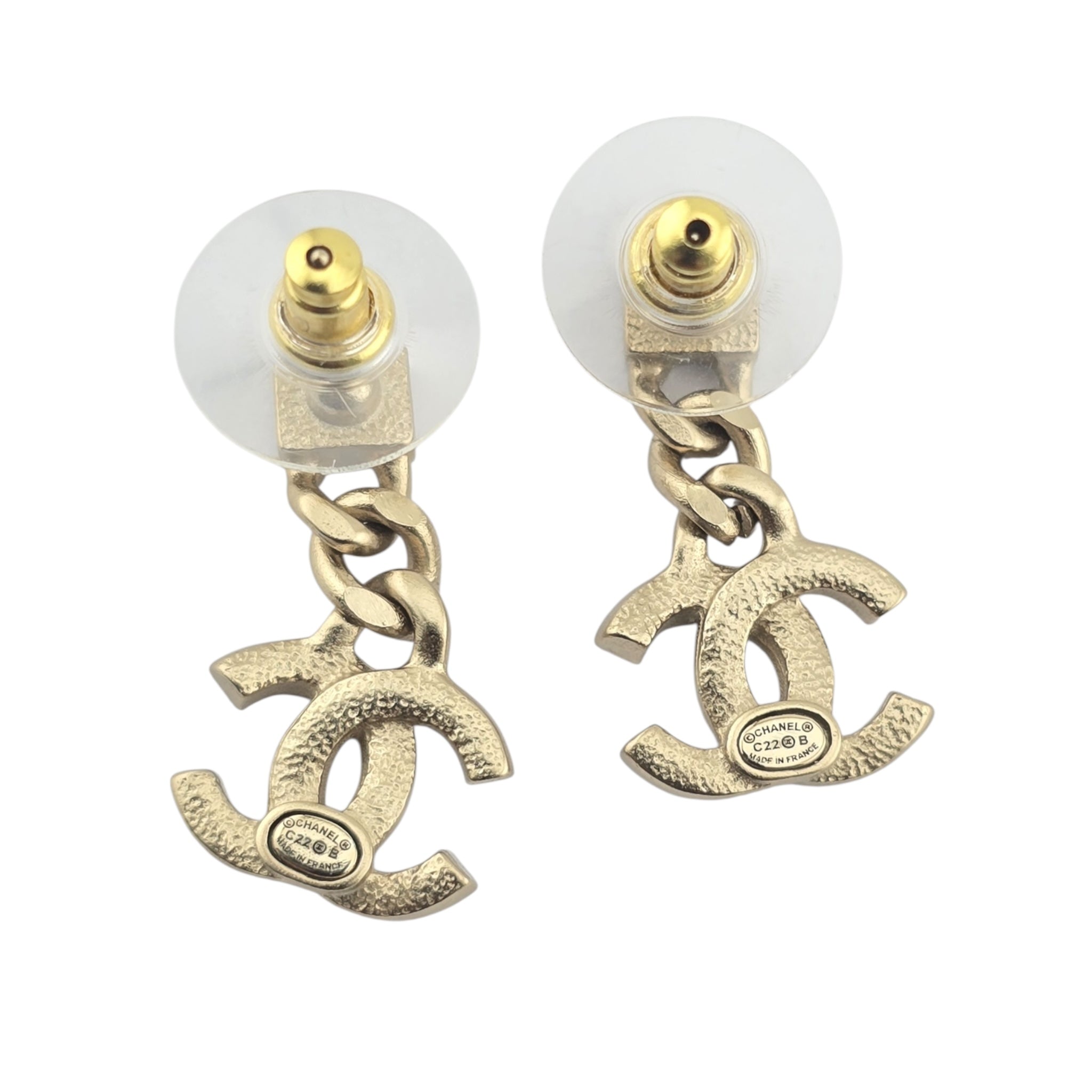 Chanel CC Metal Crystal Baguette Chain Drop Earrings Gold CHANEL