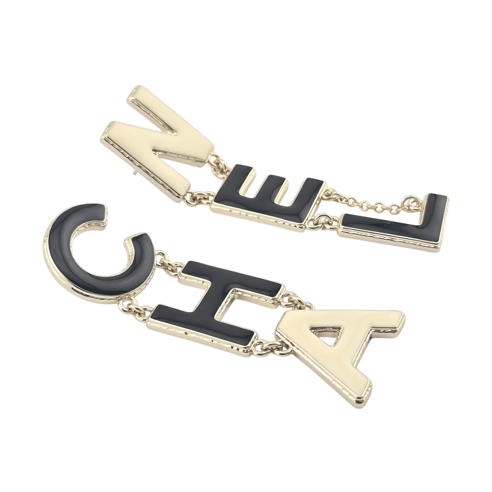 Chanel Metal Enamel Cha-Nel Logo Drop Earrings Black White CHANEL