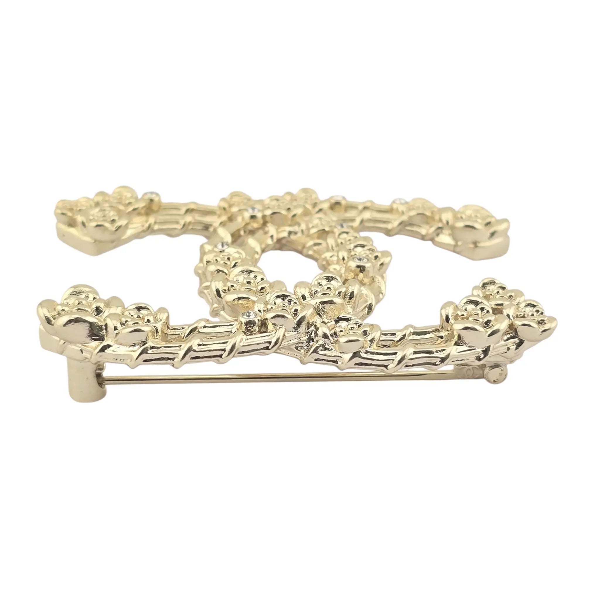 Chanel CC Metal Crystal Camellia Brooch Light Gold CHANEL