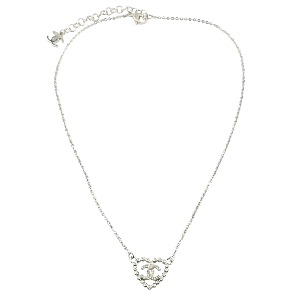 Chanel CC Crystal Heart Silver Necklace
