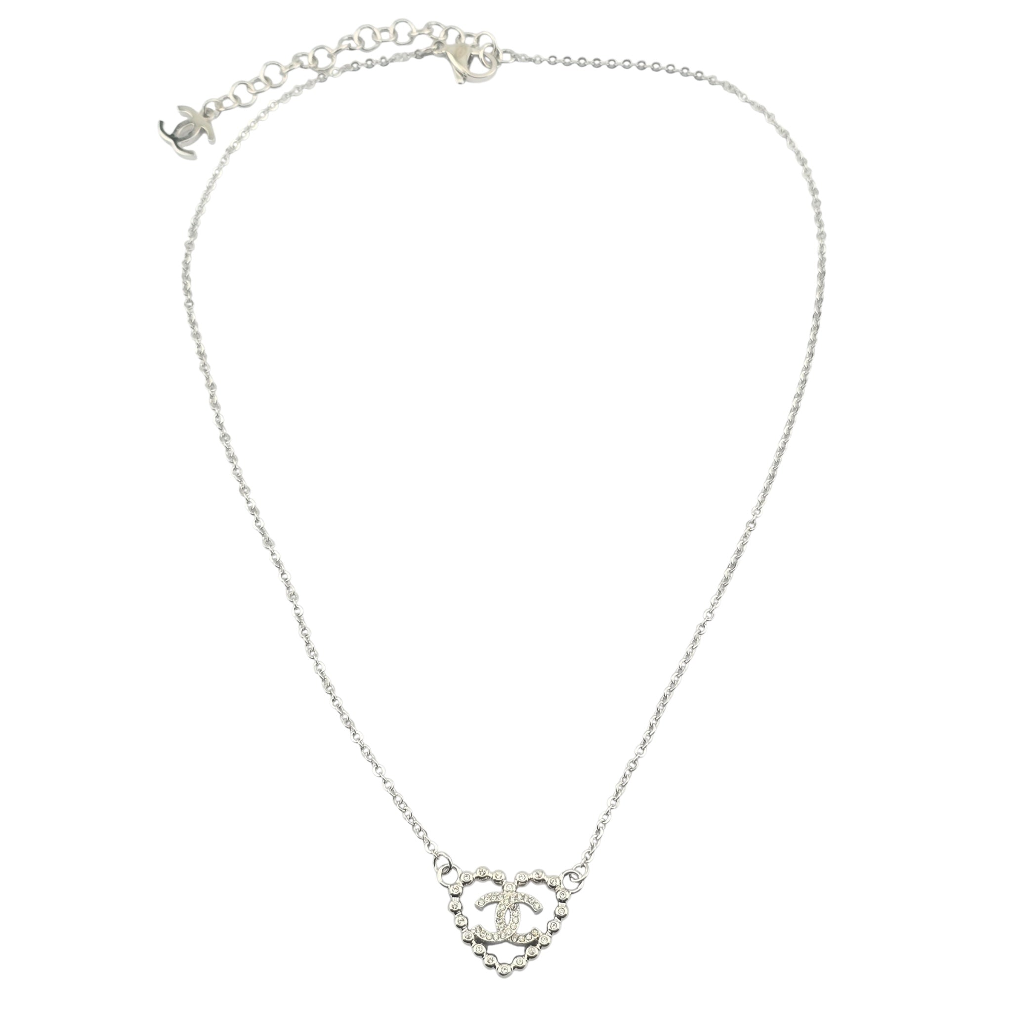 Chanel CC Crystal Heart Silver Necklace