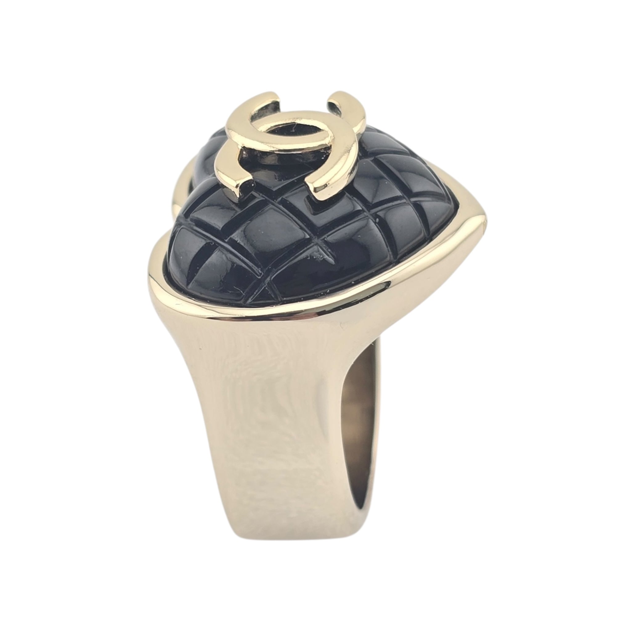 Chanel CC Resin Quilted Heart Ring Gold Black CHANEL