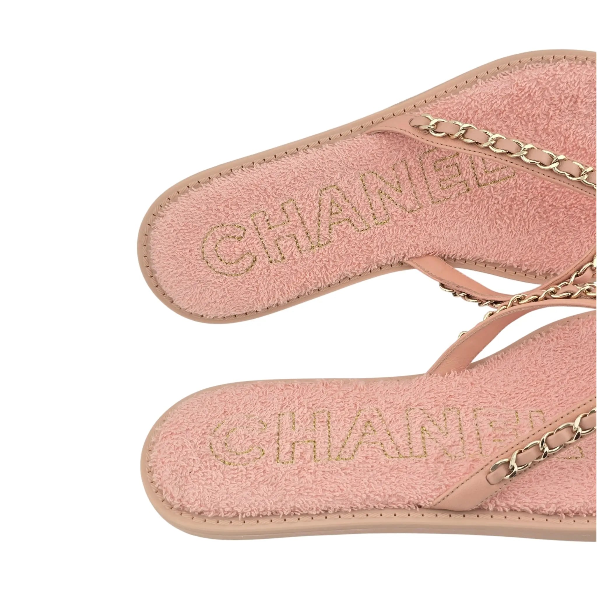 Chanel CC Calfskin Chain Thong Pink Sandals 39 UK6 CHANEL