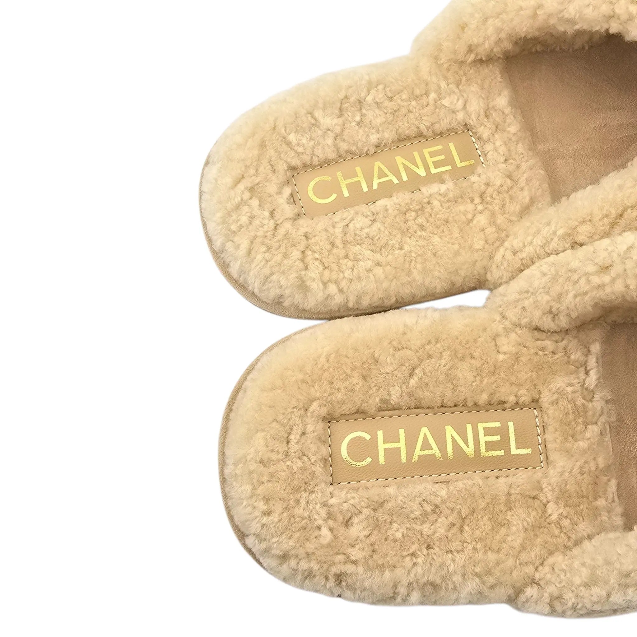 Chanel CC Suede Shearling Mule Slippers 39 UK6 CHANEL