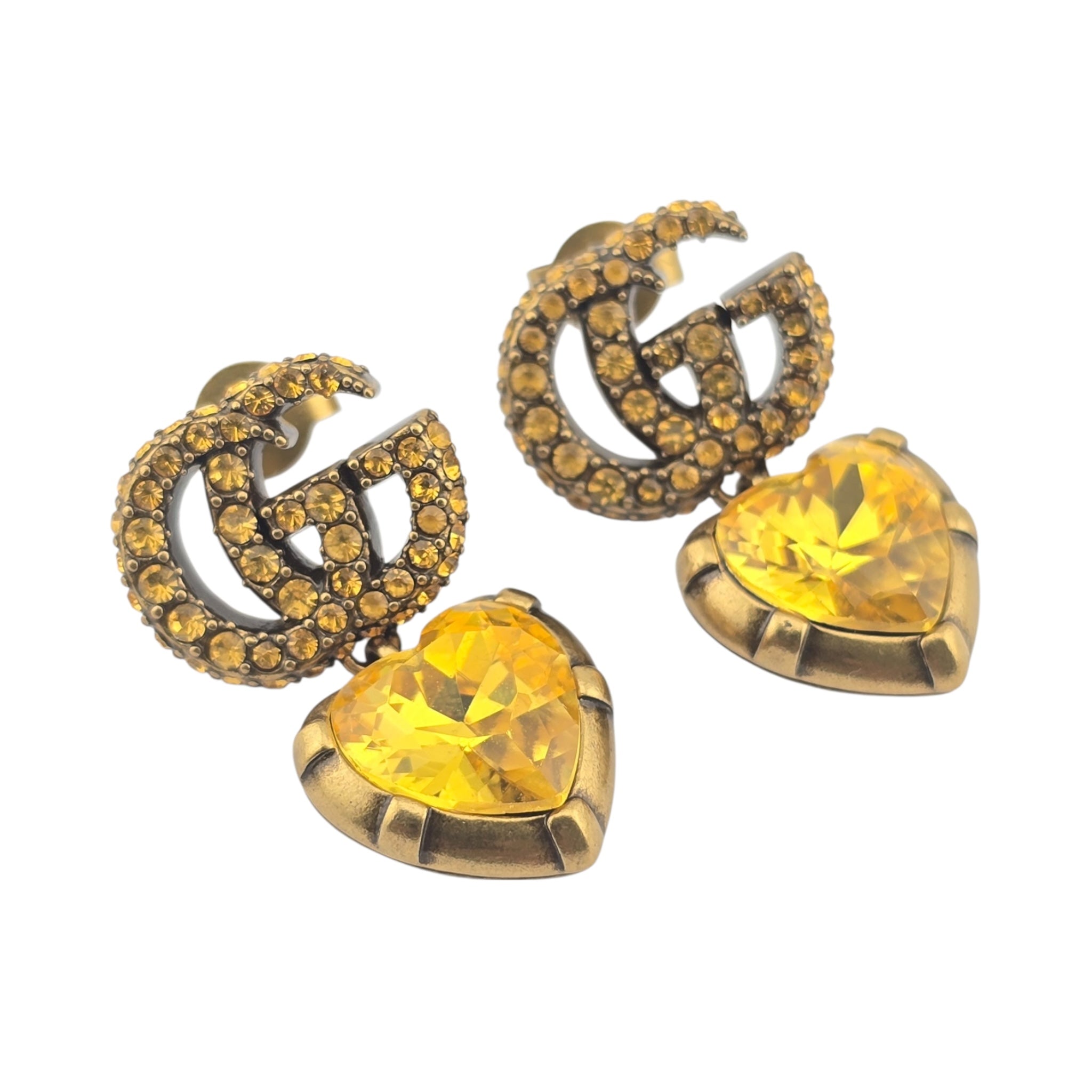GUCCI GG Yellow Heart Crystal Drop Earrings