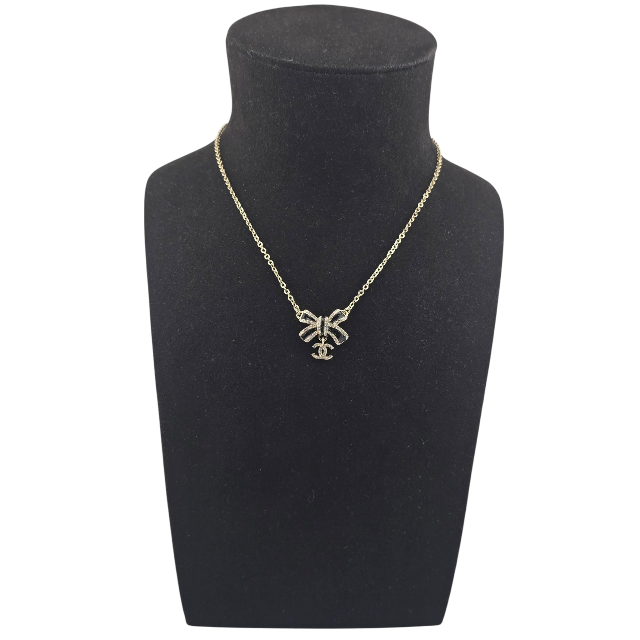 Chanel CC Gold Crystal Enamel Bow Necklace 2025