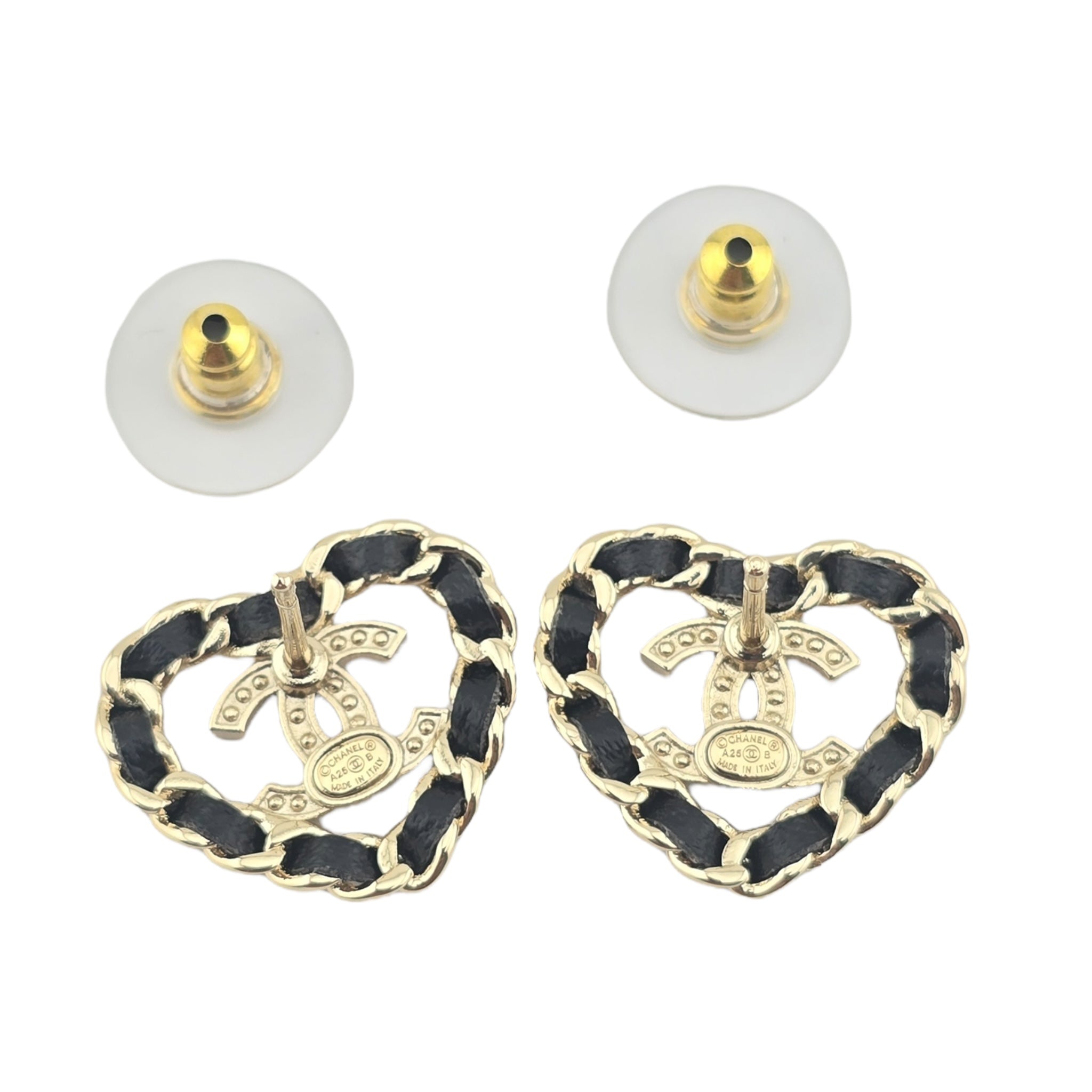 Chanel CC Black Gold Heart Stud Earrings A25