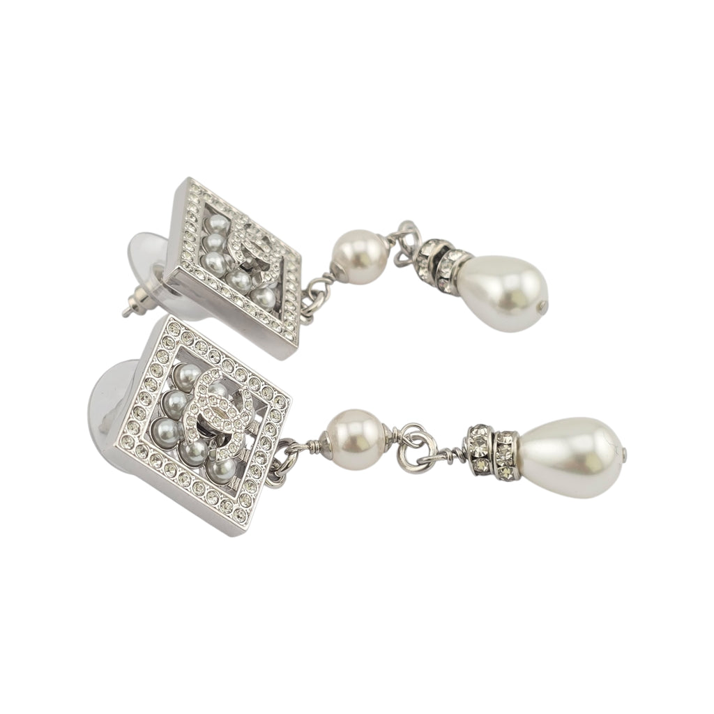 Chanel CC Silver Faux Pearl Drop Earrings 2024