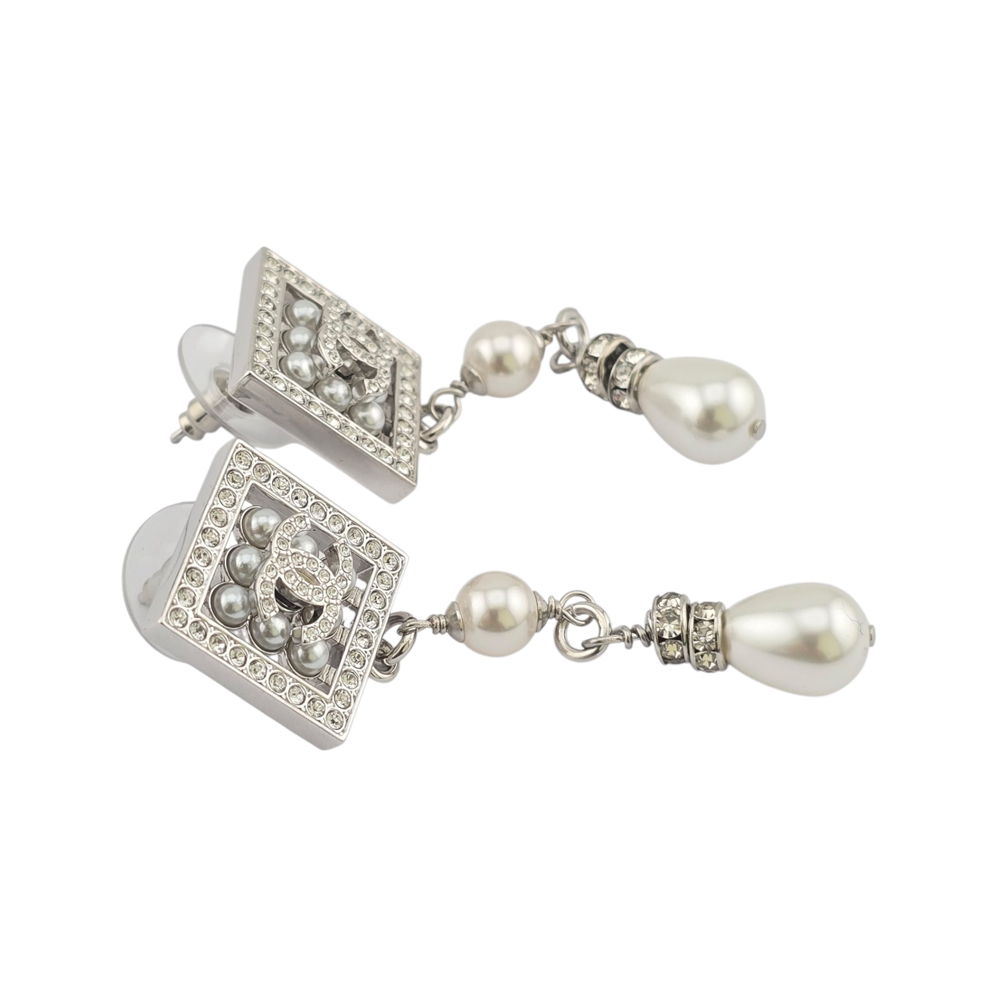 Chanel CC Silver Faux Pearl Drop Earrings 2024