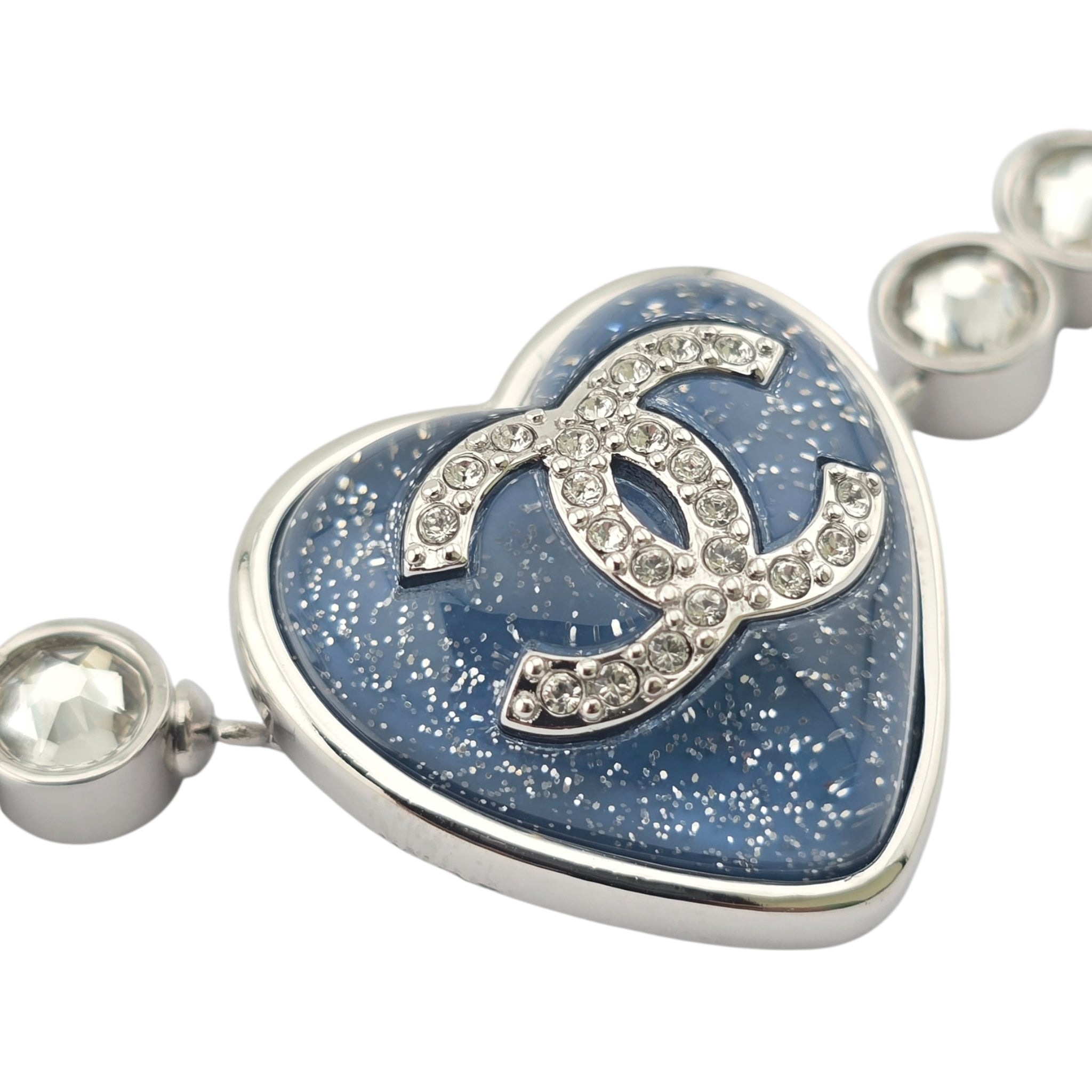 Chanel CC Faux Pearl Crystal Blue Heart Necklace 2025