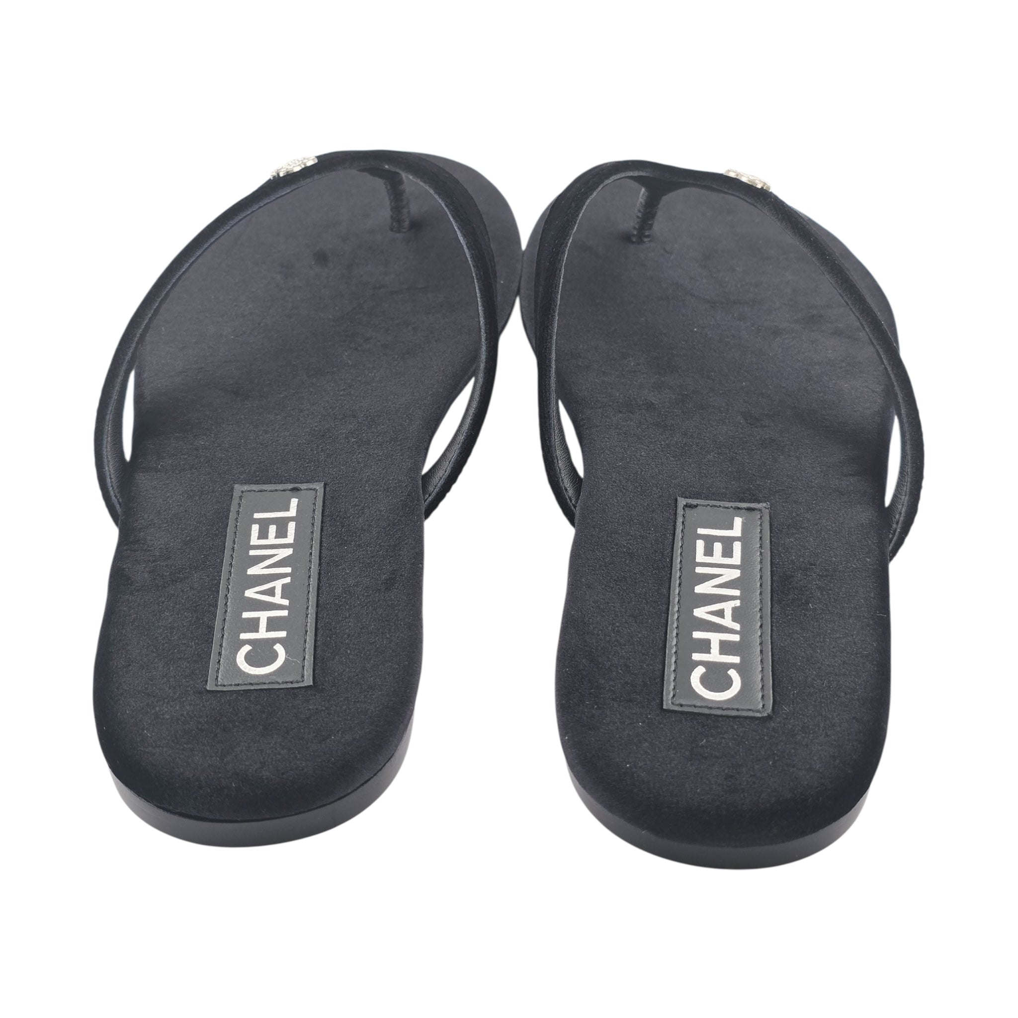 Chanel CC Black Velvet Crystal Thong Sandals 39