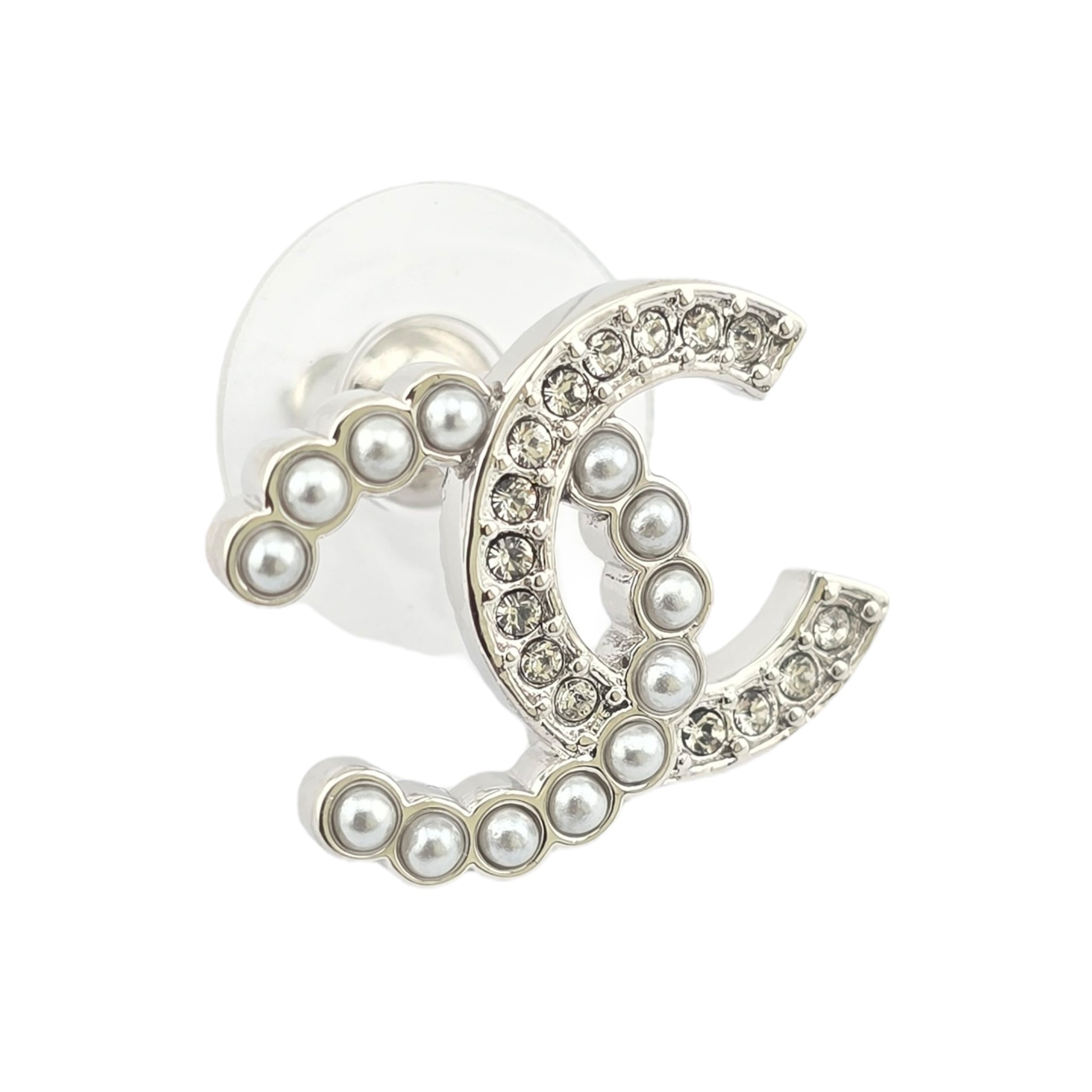 Chanel Pearl Crystal CC Earrings Silver Pearly White