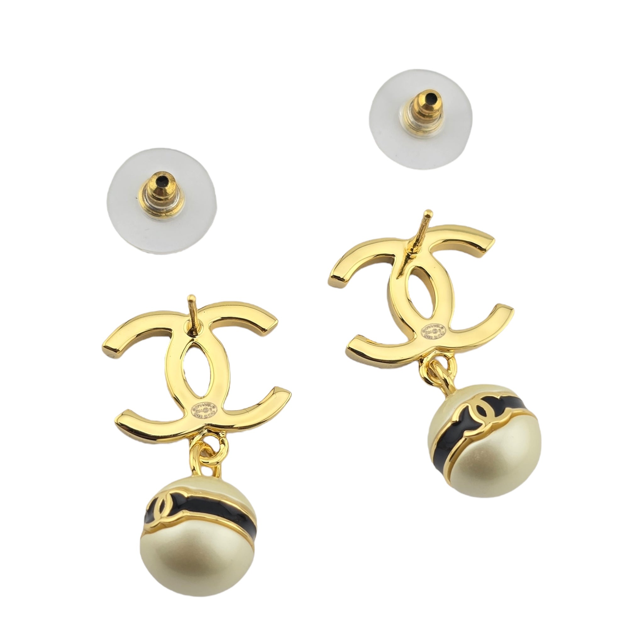 Chanel CC Pearl Drop Earrings Gold Black 2024