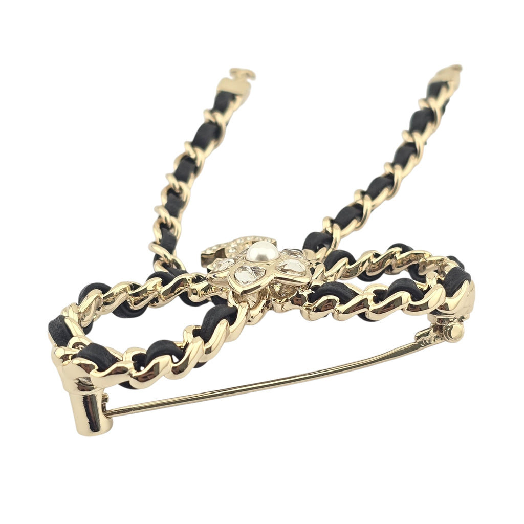Chanel CC Bow Leather Gold Brooch 2025