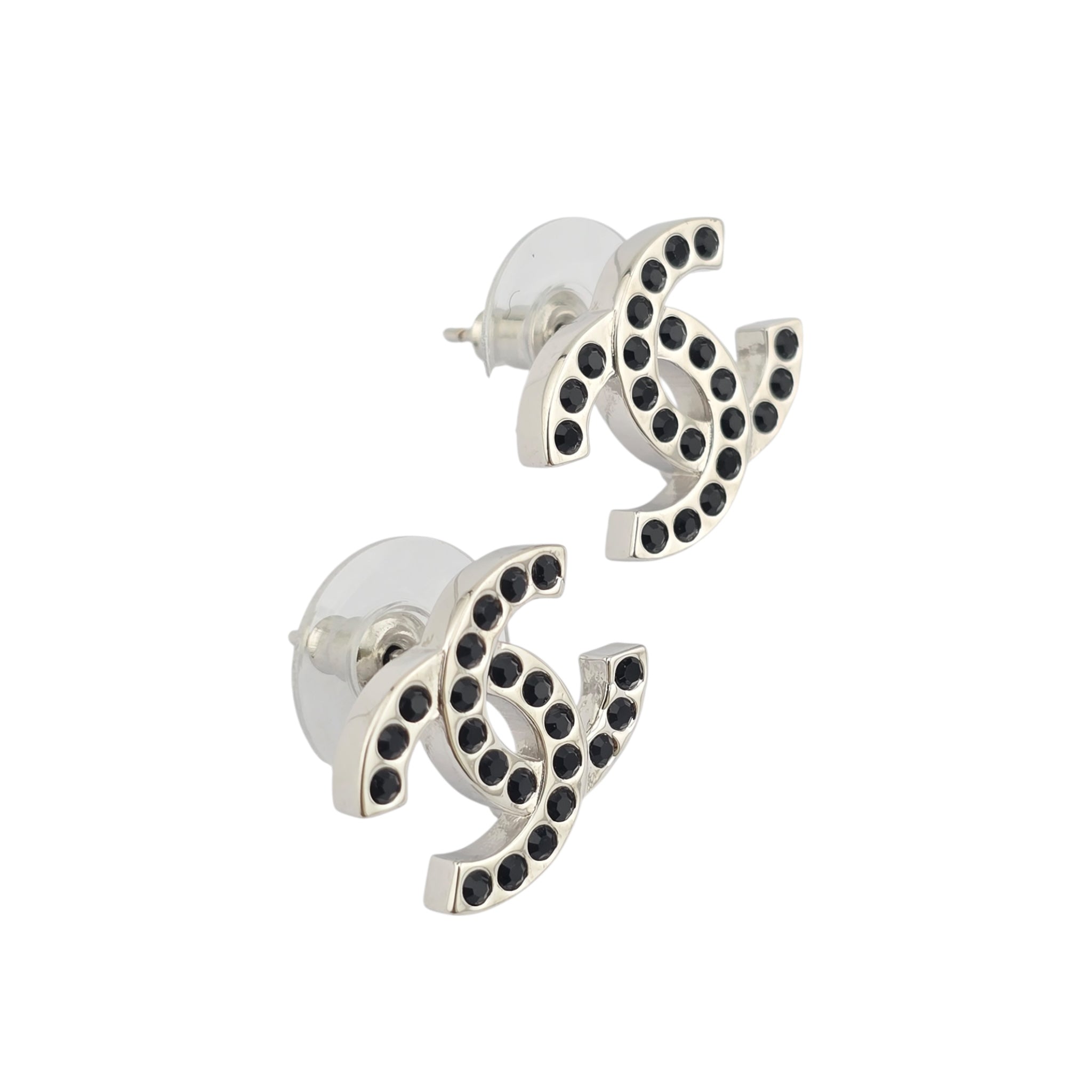 Chanel CC Silver Black Crystal Stud Earrings 2025