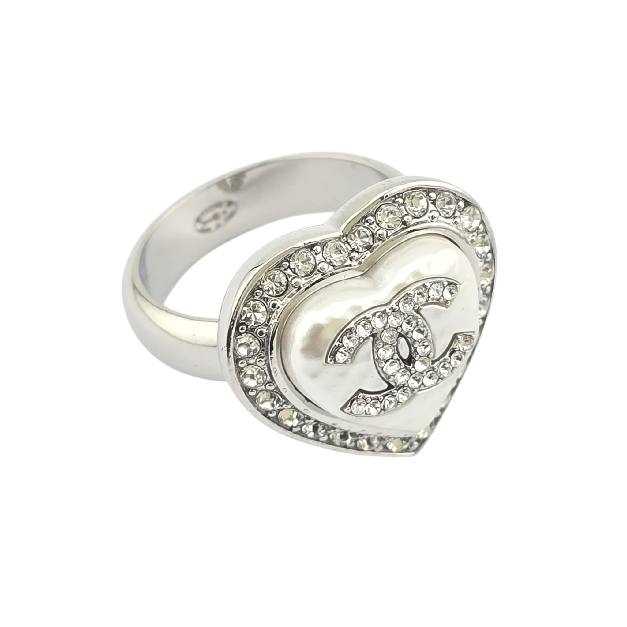 Chanel CC Silver Heart Pearly White Ring