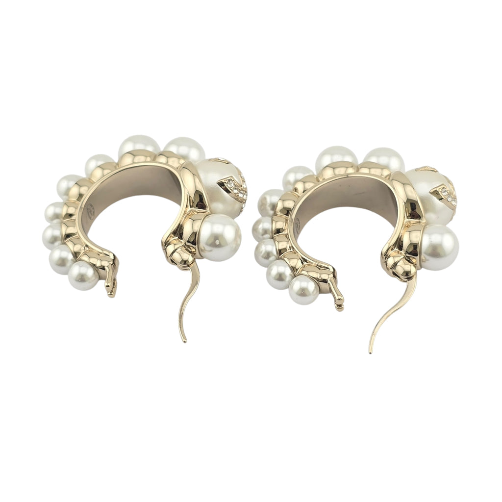Chanel CC Gold Faux Pearl Hoop Earrings