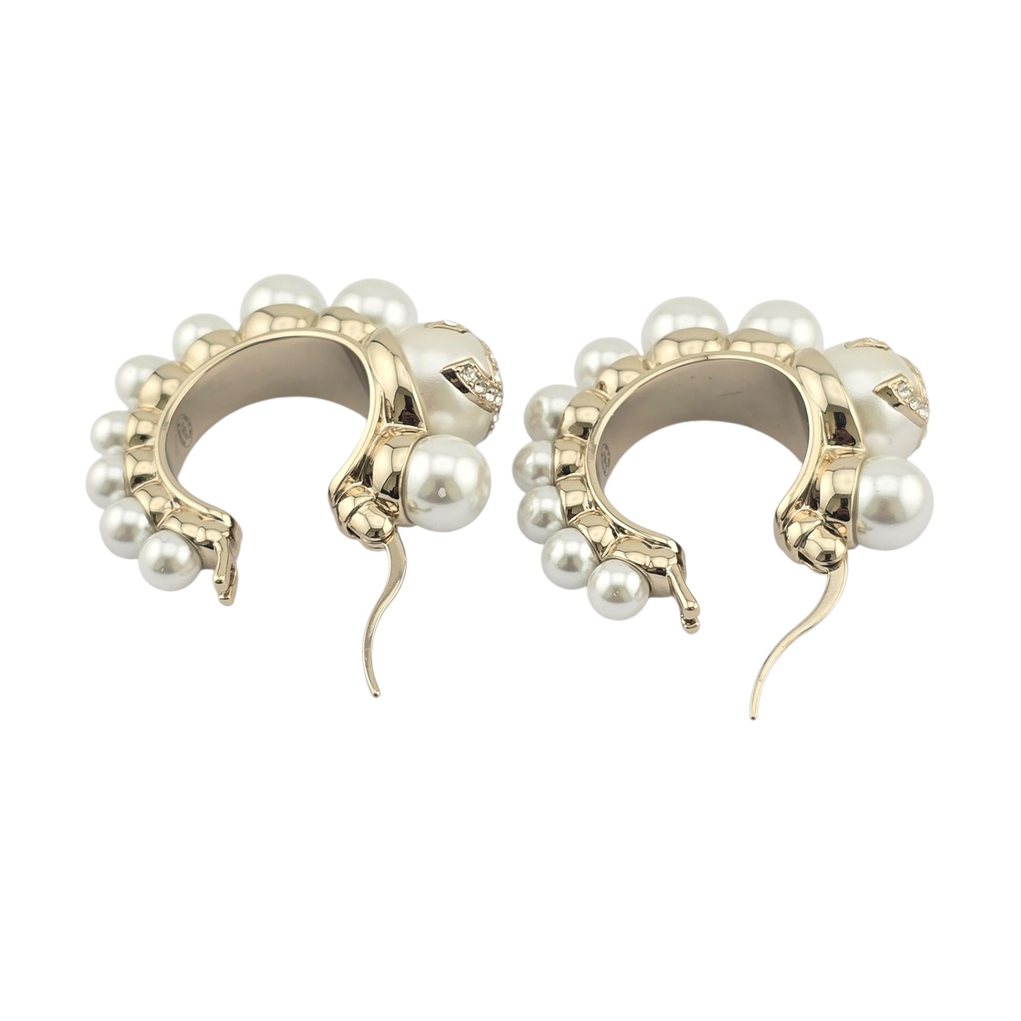 Chanel CC Gold Faux Pearl Hoop Earrings