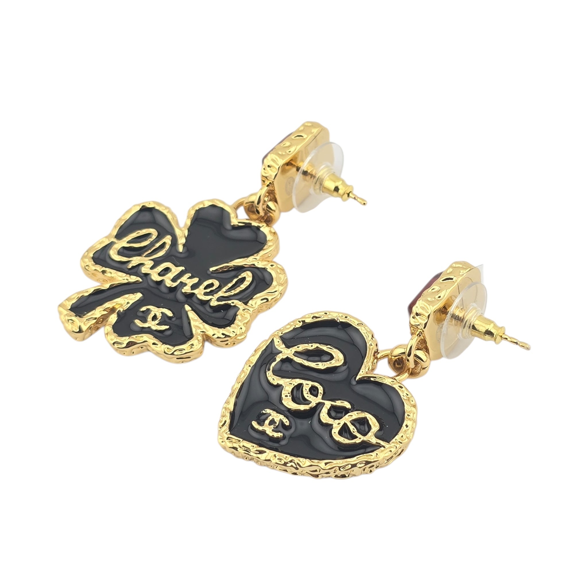 Chanel CC Clover Heart Black Gold Earrings 2024 CHANEL