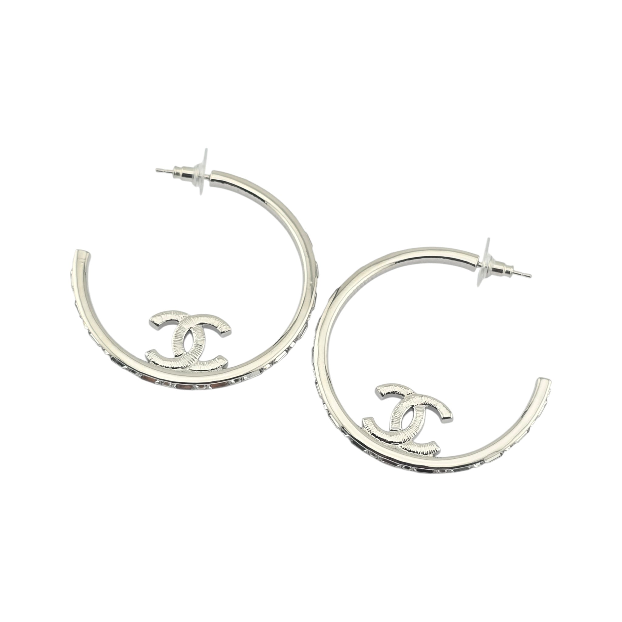 Chanel CC Metal Crystal Baguette Large Hoop Earrings Silver 2022 CHANEL