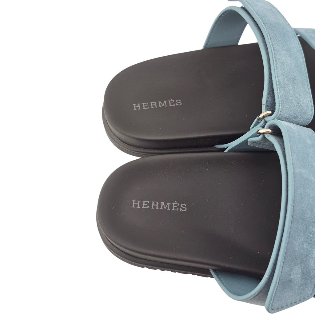 Hermes Chypre Suede Sandal Bleu Mineral 39 UK6 HERMES